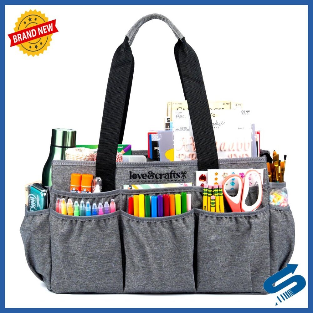Large Craft Organizer Tote Bag with Elastic Pockets Removable Divider Durable